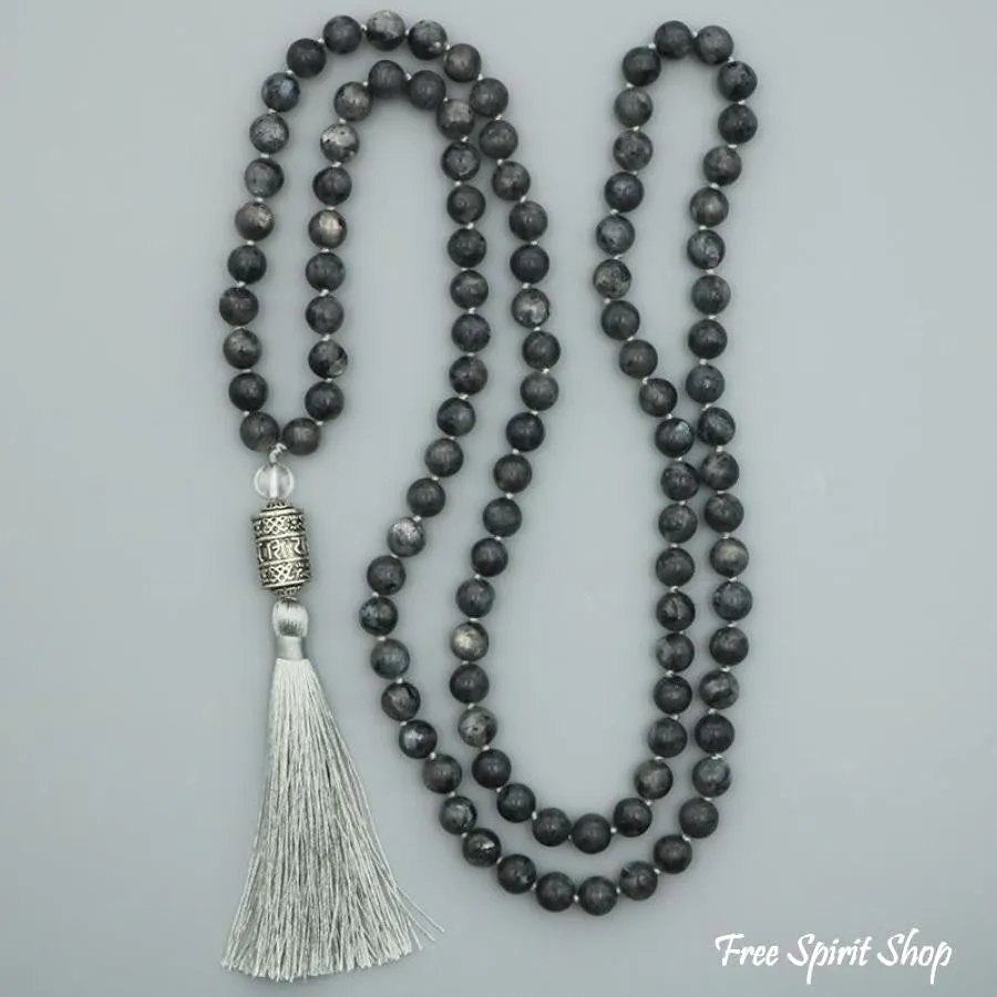 108 Natural Black Labradorite & Mantra Wheel Mala Bead Necklace