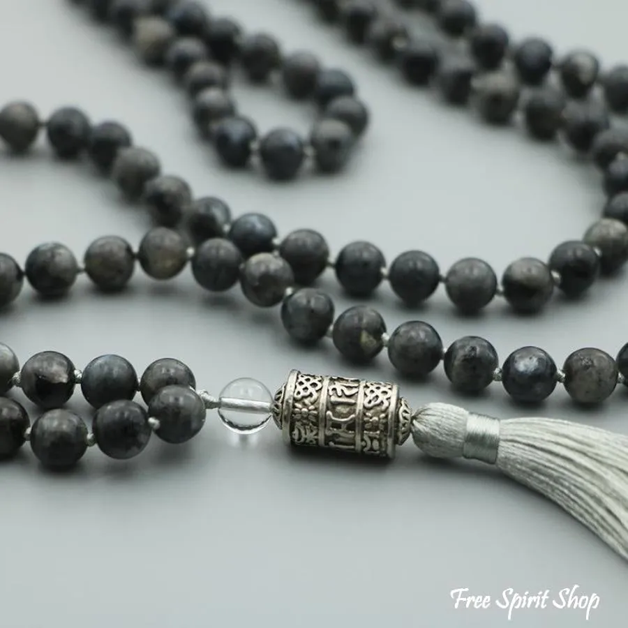 108 Natural Black Labradorite & Mantra Wheel Mala Bead Necklace