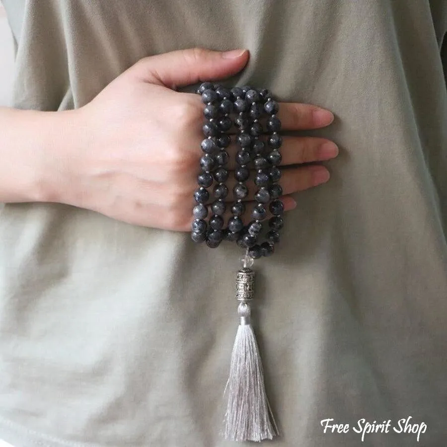 108 Natural Black Labradorite & Mantra Wheel Mala Bead Necklace