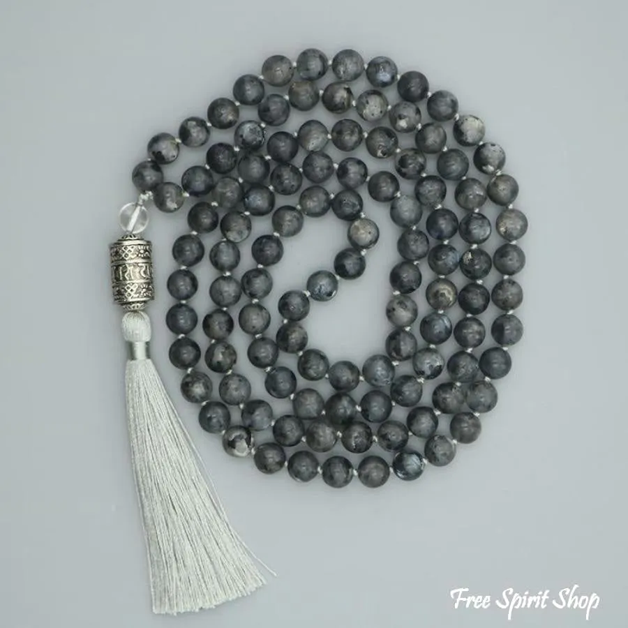 108 Natural Black Labradorite & Mantra Wheel Mala Bead Necklace