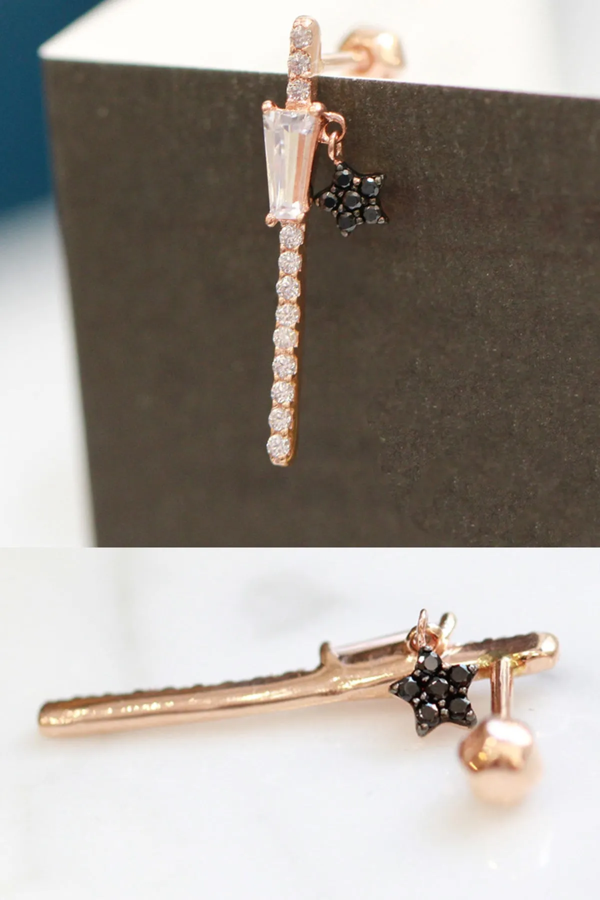 14K 18K Solid Gold Cz Stick and Black Star Cartilage Helix Conch  Barbell Piercing Earring Stud