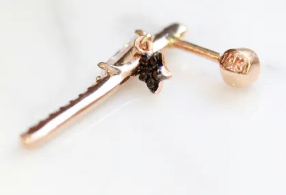 14K 18K Solid Gold Cz Stick and Black Star Cartilage Helix Conch  Barbell Piercing Earring Stud