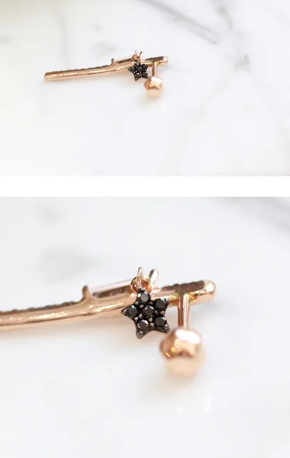 14K 18K Solid Gold Cz Stick and Black Star Cartilage Helix Conch  Barbell Piercing Earring Stud