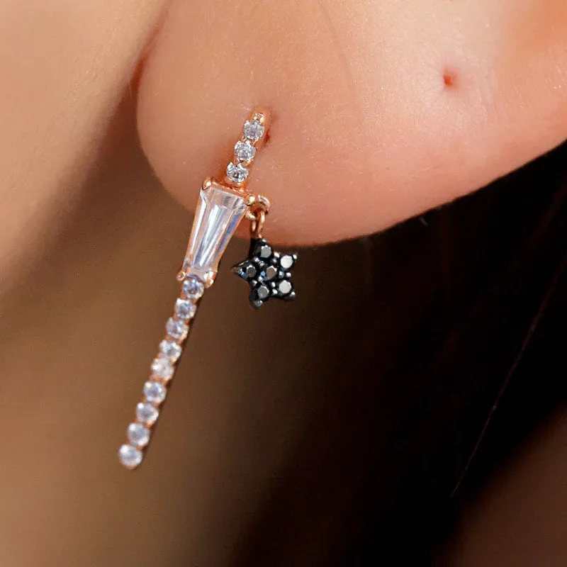 14K 18K Solid Gold Cz Stick and Black Star Cartilage Helix Conch  Barbell Piercing Earring Stud