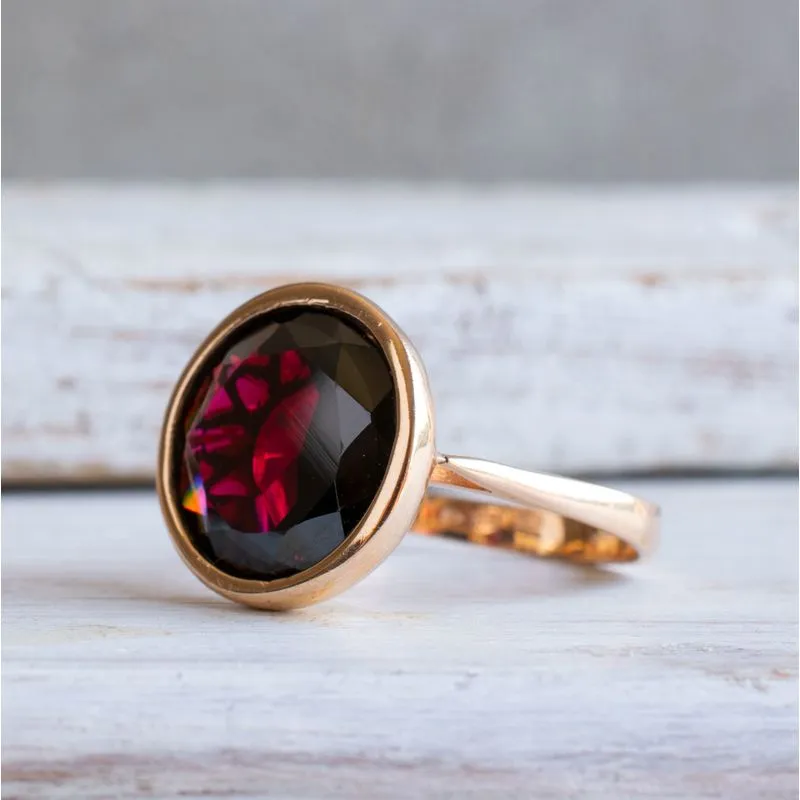 14K Rose Gold Round Red Garnet 14mm Ring