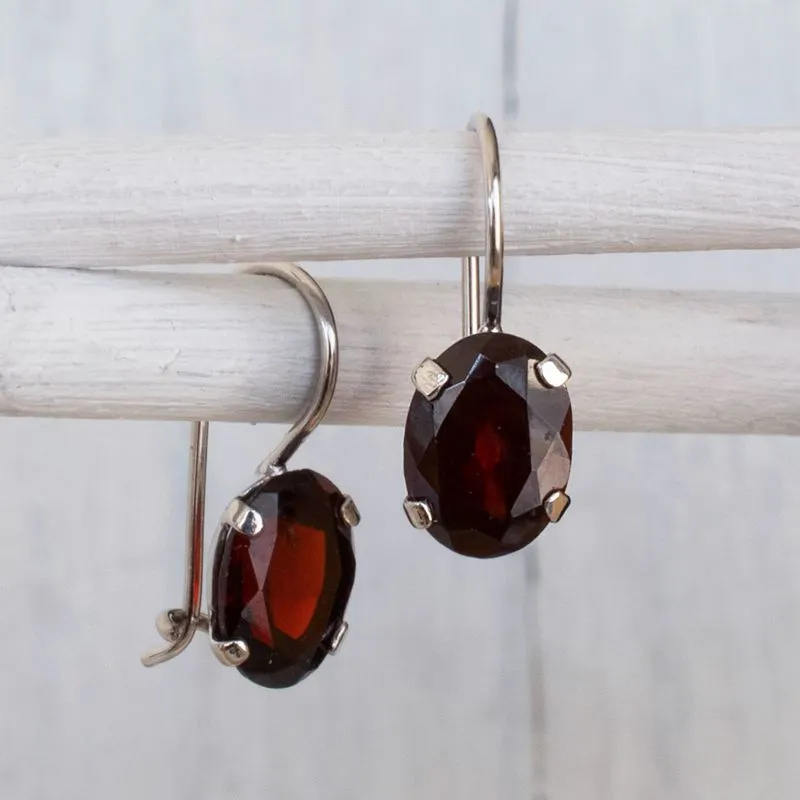 14K White Gold Oval Red Garnet 6X8mm Dangle Earrings