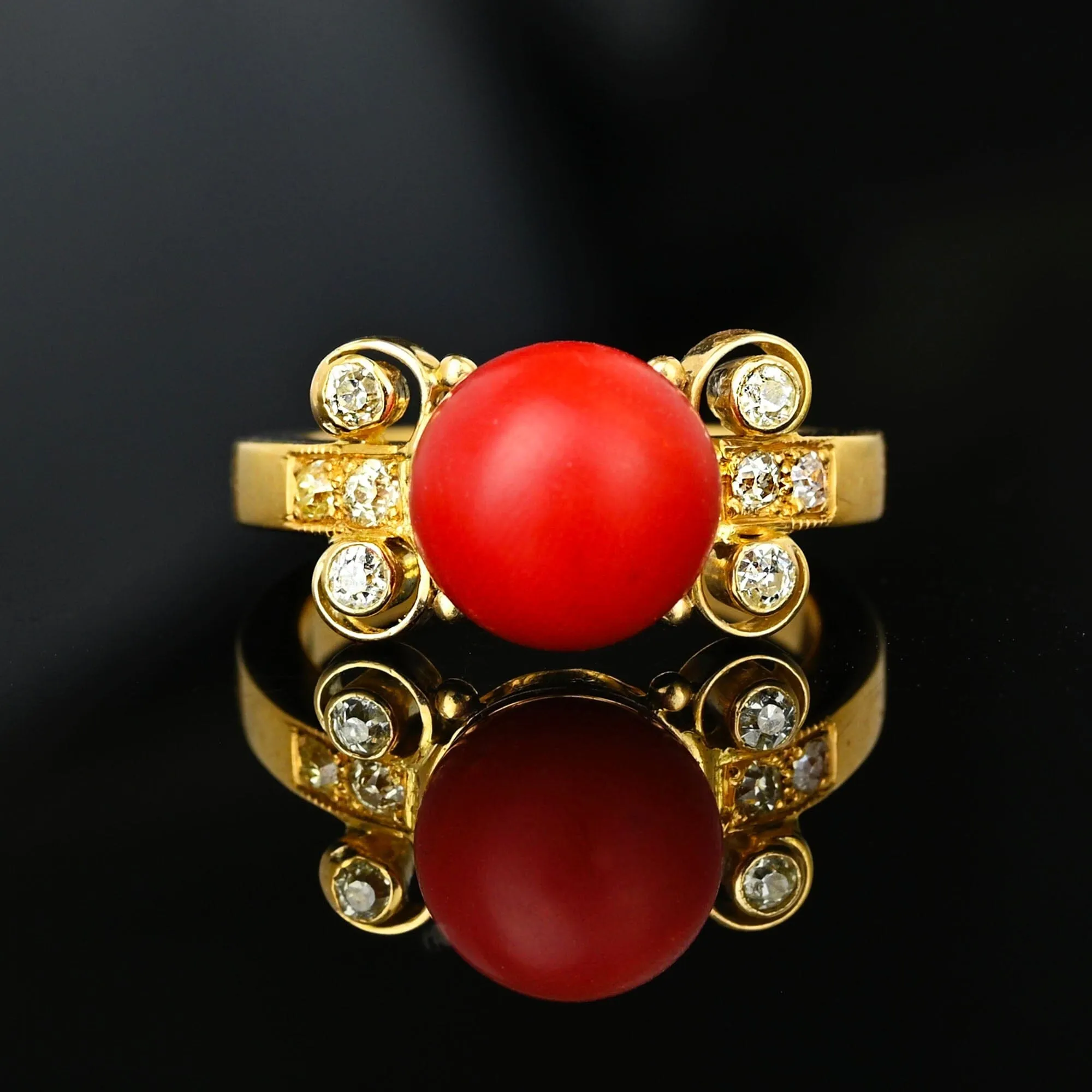 18K Gold Diamond Large Red Orange Mediterranean Coral Ring