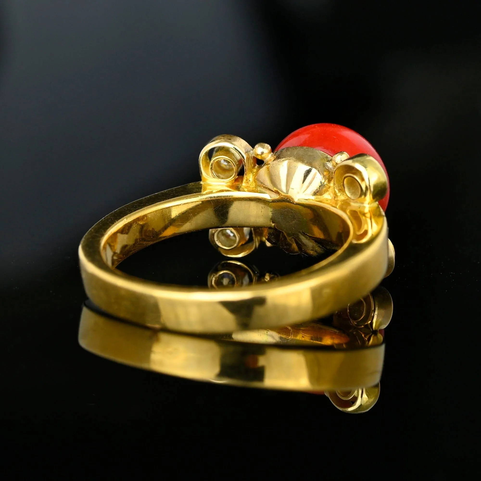 18K Gold Diamond Large Red Orange Mediterranean Coral Ring