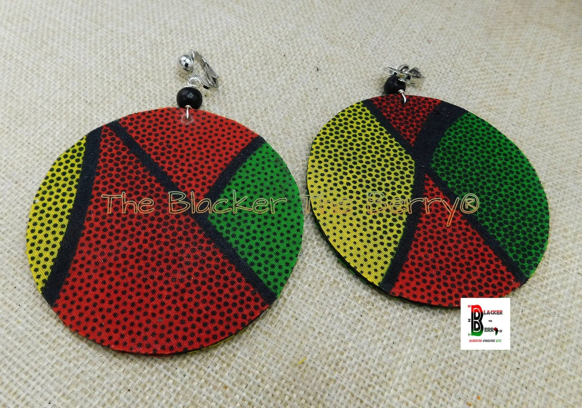 African Clip On Earrings Ankara Jewelry Red Yellow Black Green Beaded Handmade Black Owned