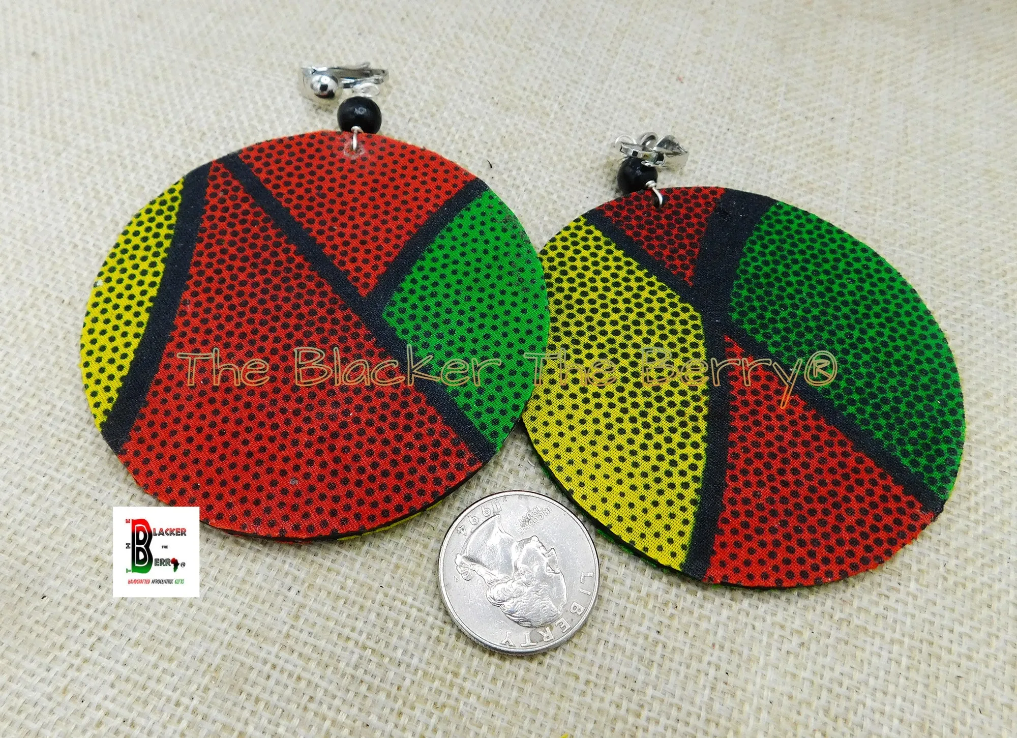 African Clip On Earrings Ankara Jewelry Red Yellow Black Green Beaded Handmade Black Owned