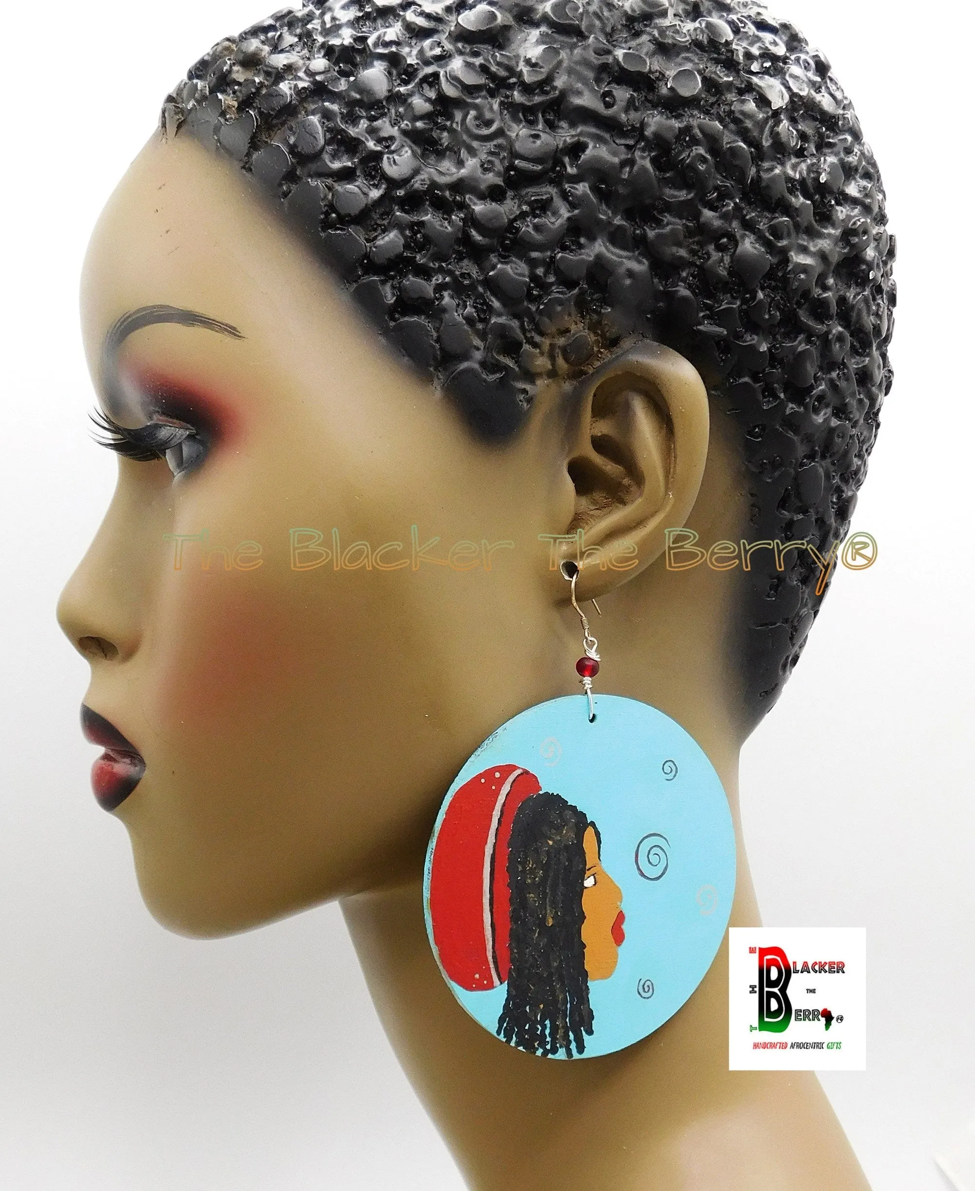 African Earrings Jewelry Wooden Hand Painted Black Owned Blue Red Locs Dreads