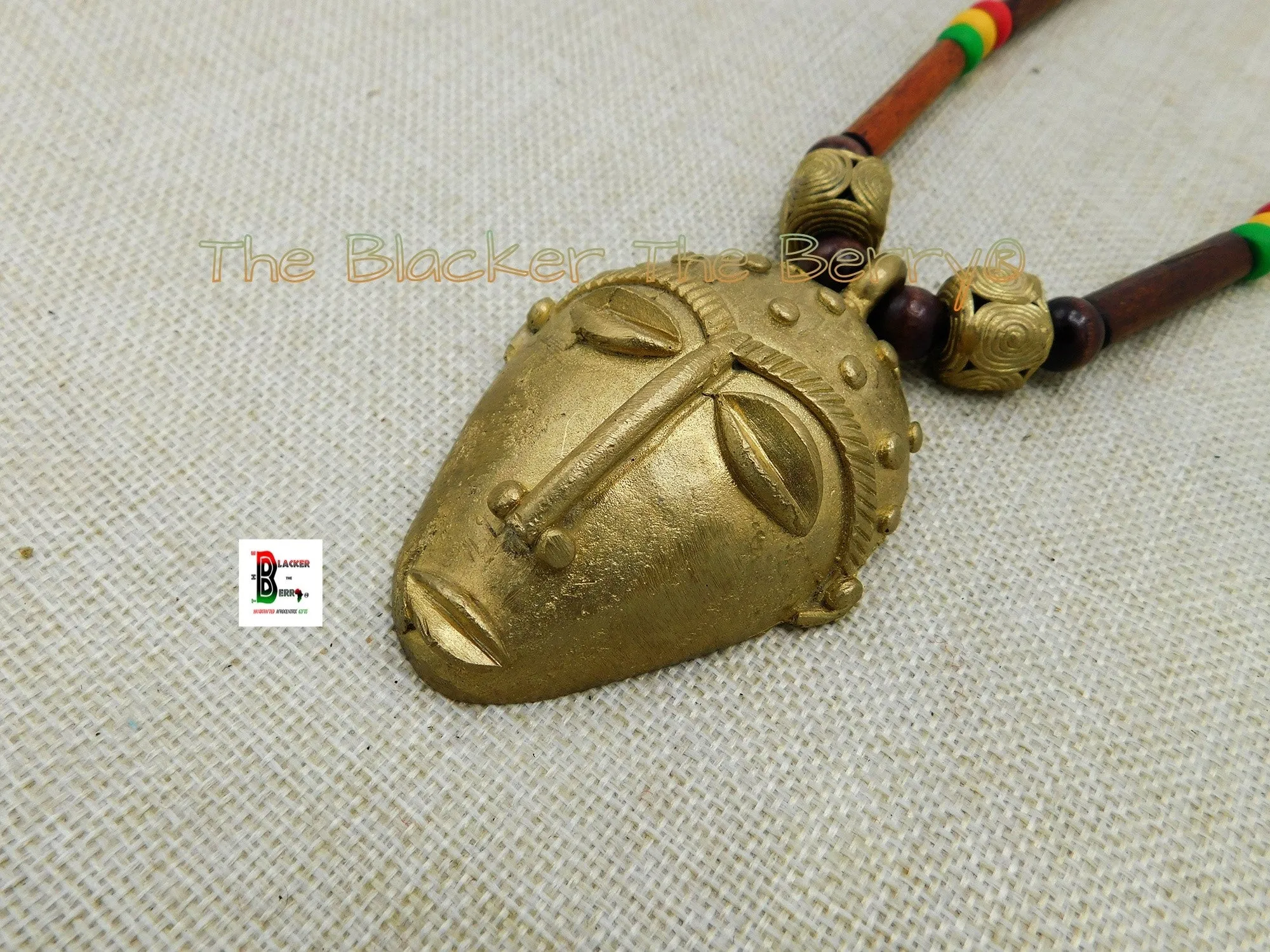 African Mask Necklace Wooden Red Yellow Green Ethnic Afrocentric Jewelry Black Owned