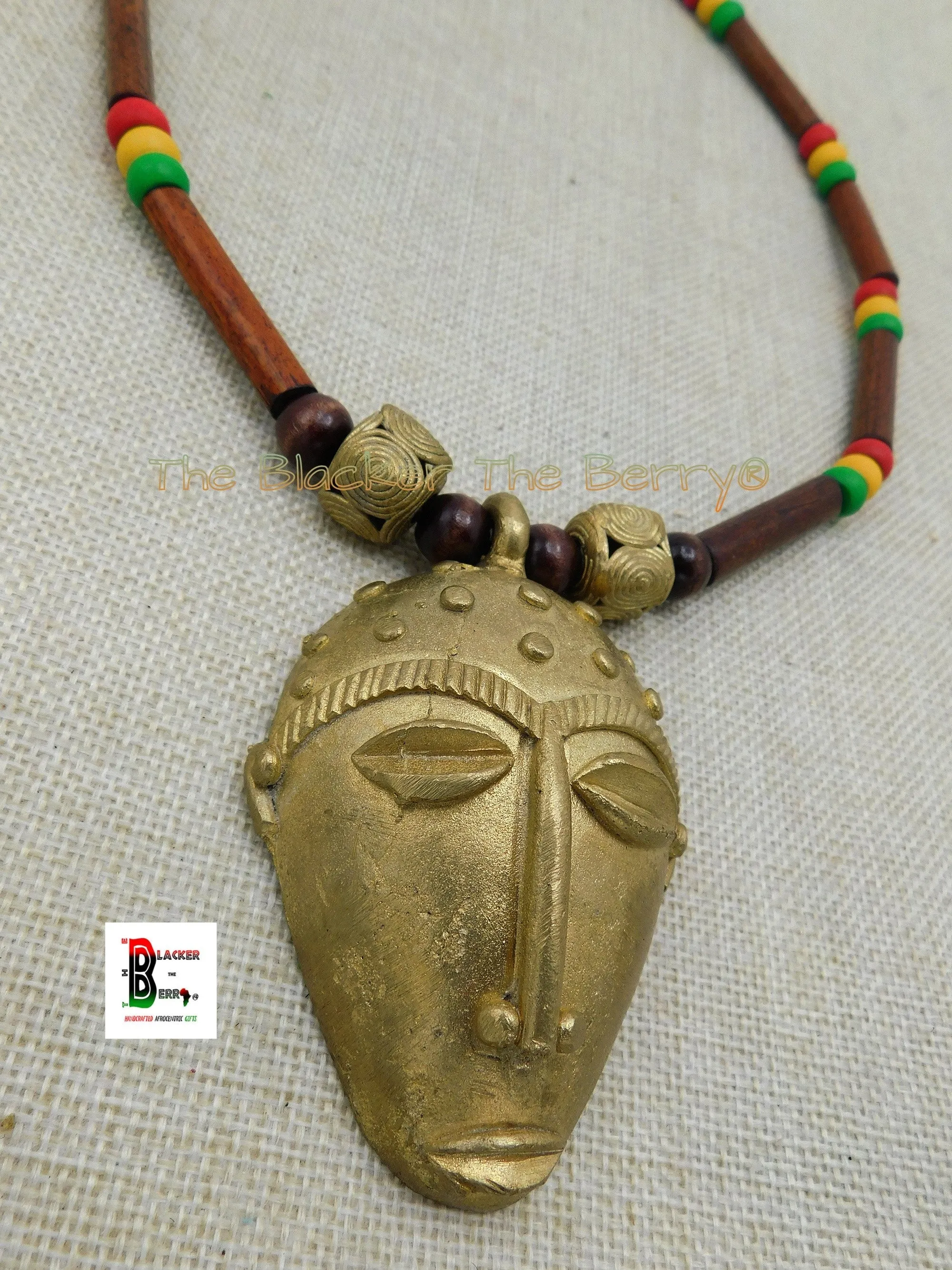 African Mask Necklace Wooden Red Yellow Green Ethnic Afrocentric Jewelry Black Owned