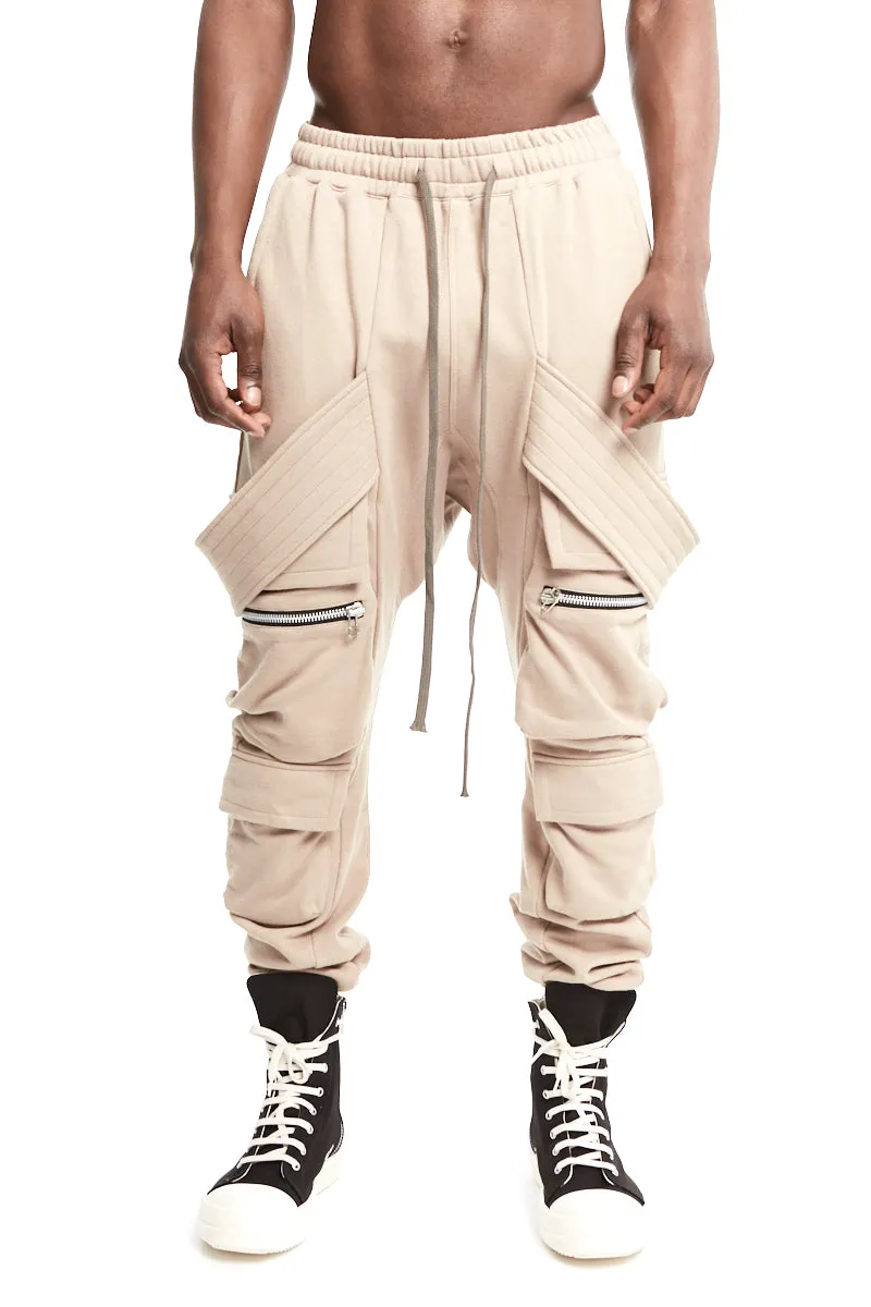 BEIGE BELT CARGO SWEAT SAROUEL PANTS