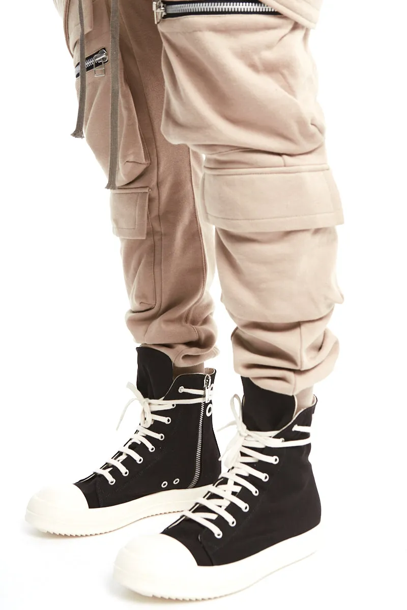 BEIGE BELT CARGO SWEAT SAROUEL PANTS