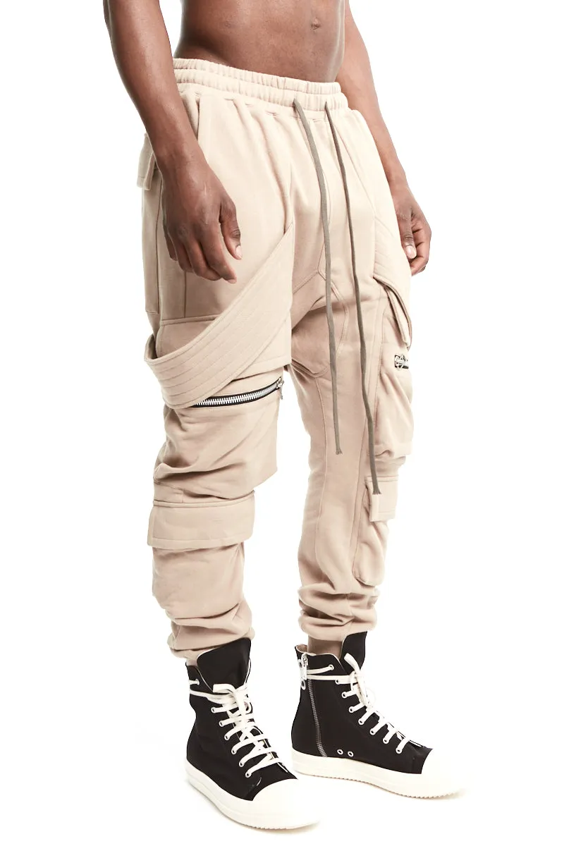 BEIGE BELT CARGO SWEAT SAROUEL PANTS