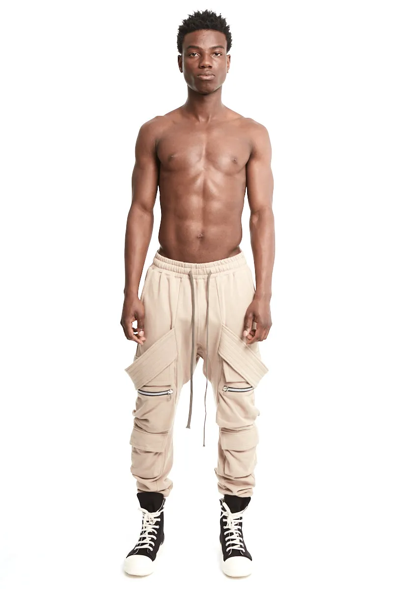 BEIGE BELT CARGO SWEAT SAROUEL PANTS