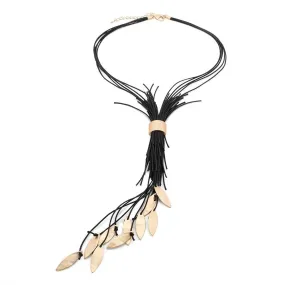 Black Necklace with Drop Leaves Rose Gold Tone