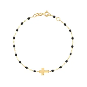 Cross Charm Classic Gigi Black bracelet, Yellow Gold, 6.7