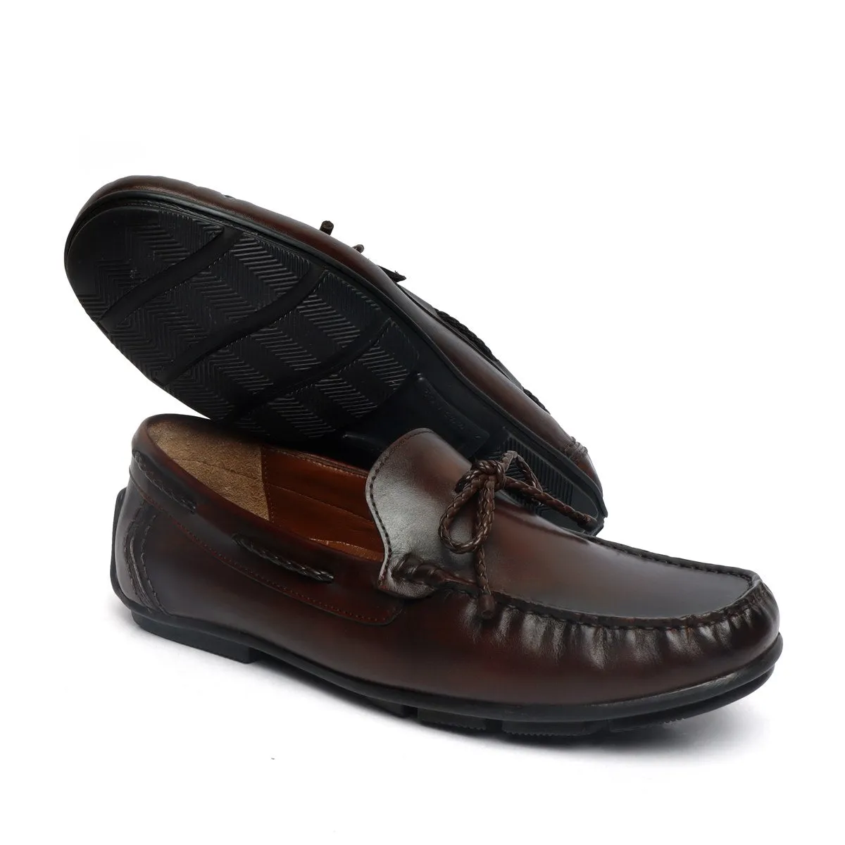 Dark Brown Leather Bow Loafers