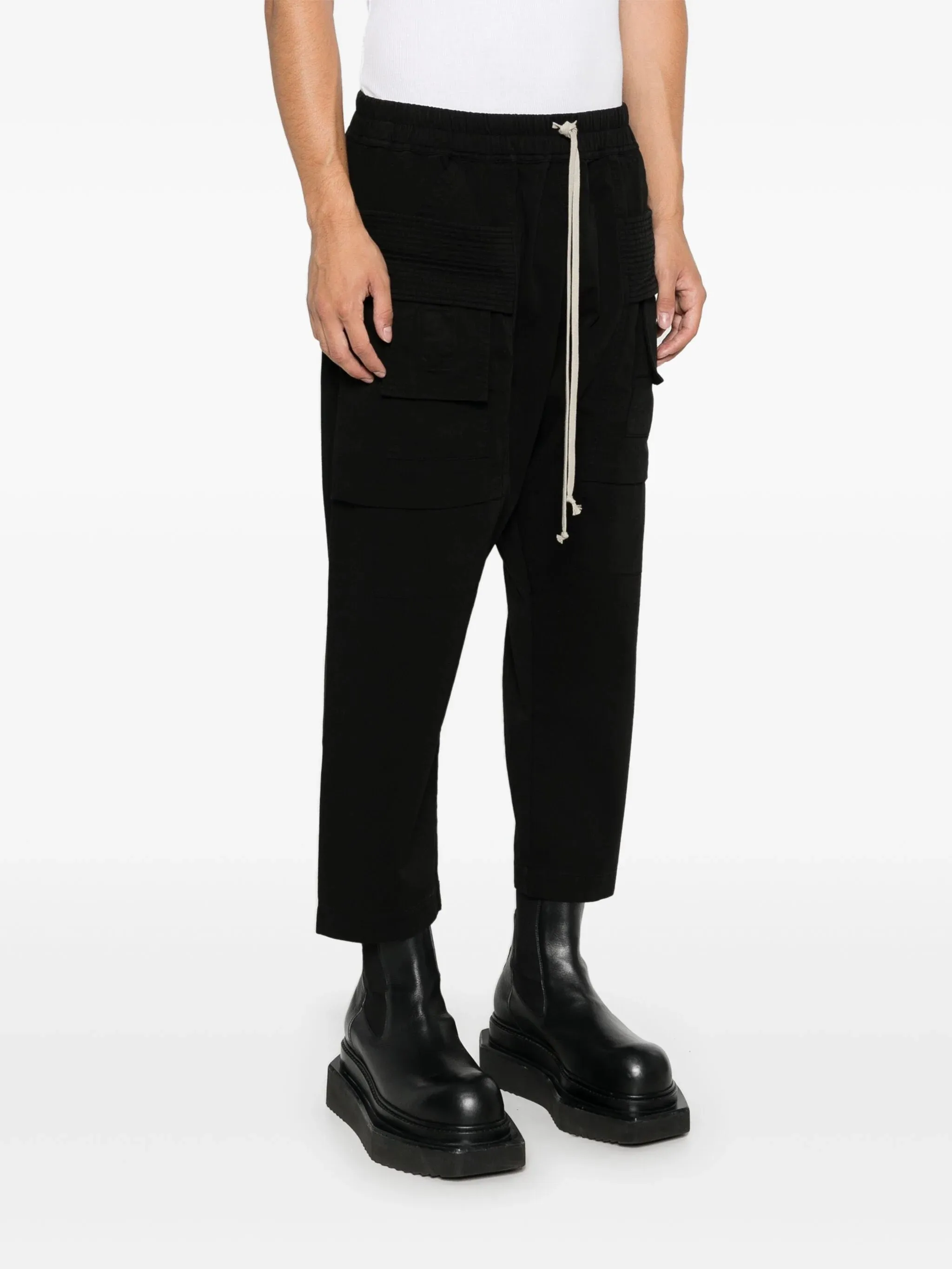 Drawstring Creatch Cargo Cropped Pants - Black