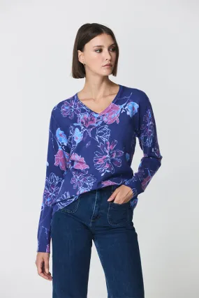 Escorpion BLUE FLORAL PRINT V-NECK SWEATER