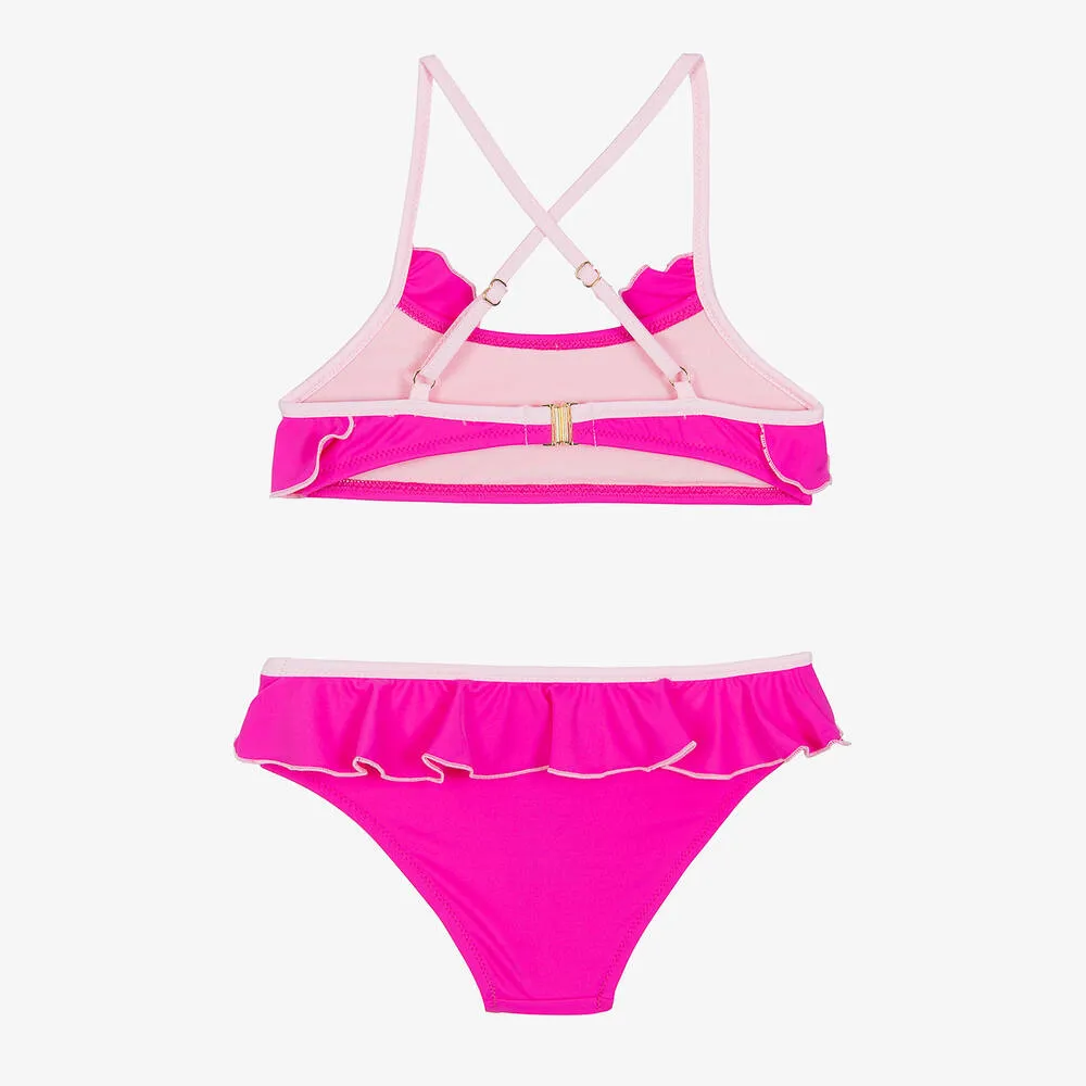 Girls Pink Ruffle Logo Bikini