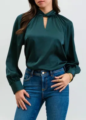 Green Satin MOCK TWIST NECKLINE Top