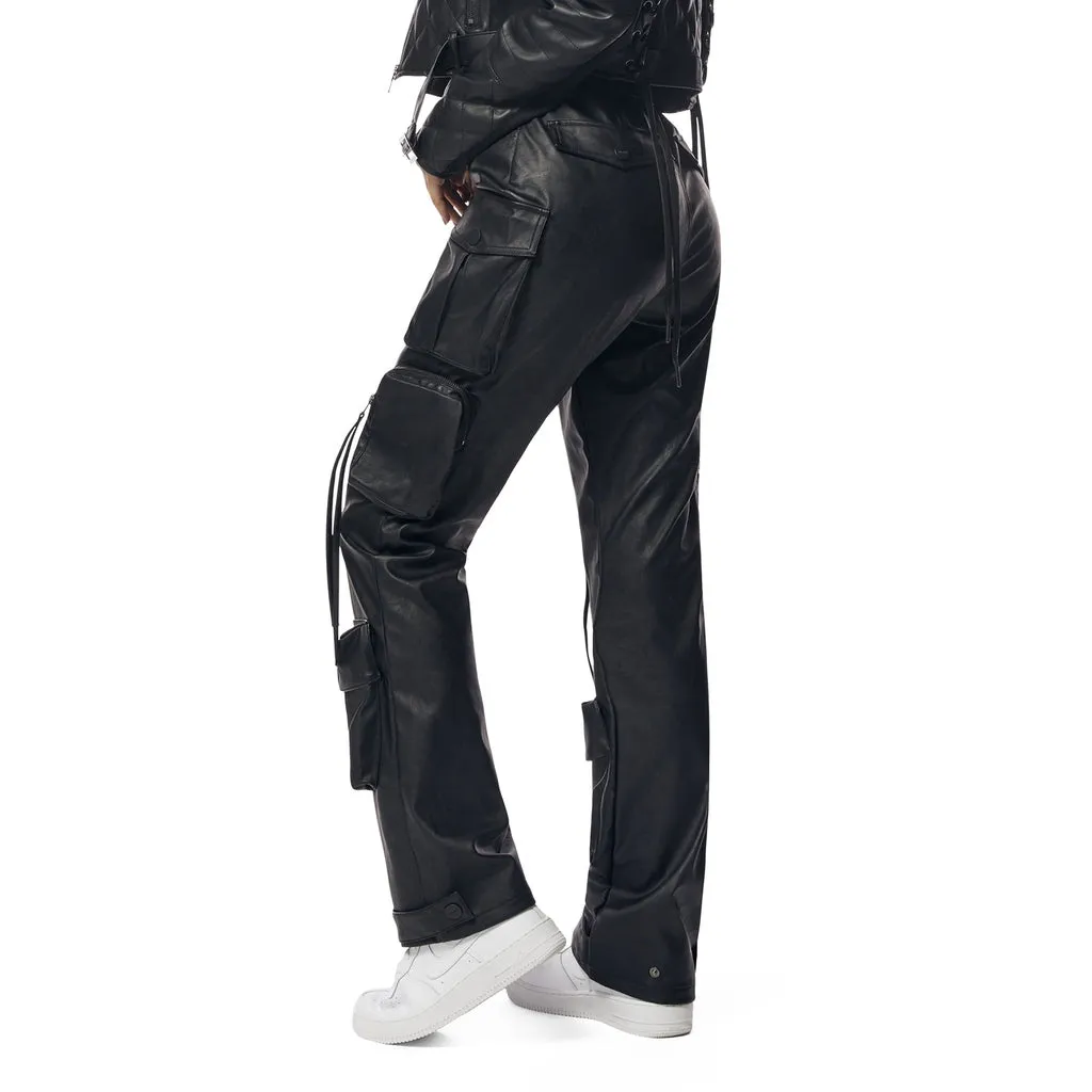 High Rise Straight Leg Utility Vegan Leather Cargo Pants - Black