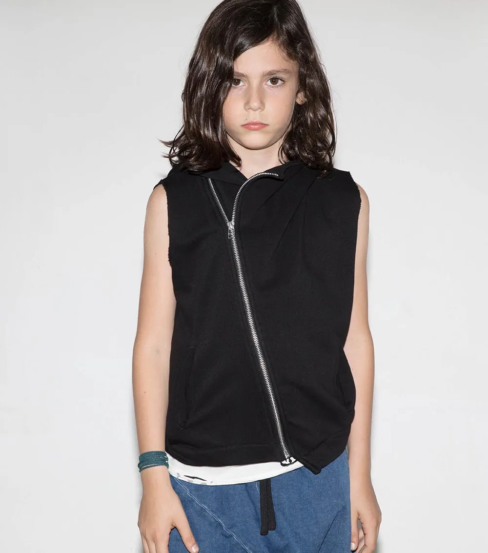 hooded diagonal vest