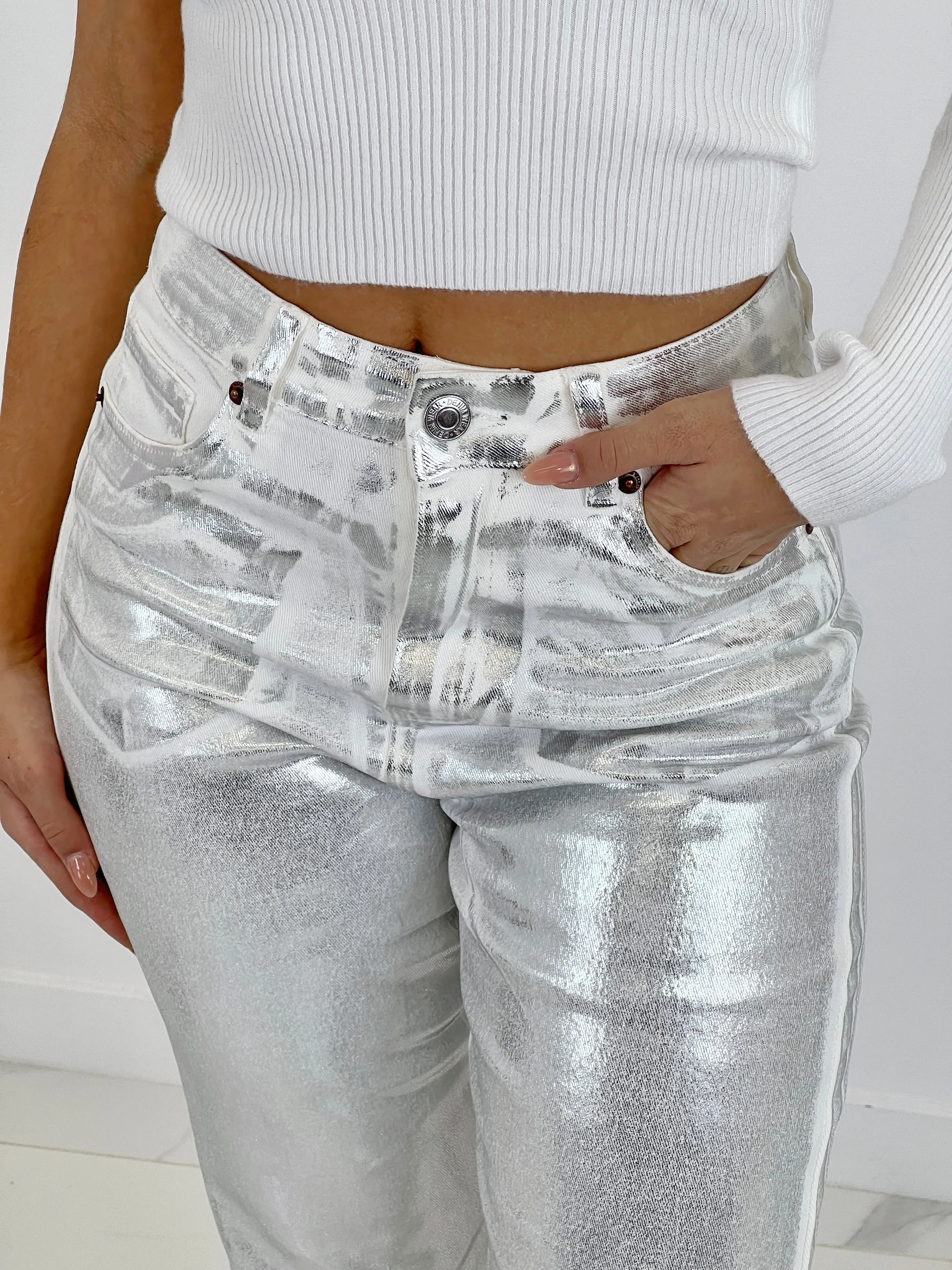 Jeans flare metalizado