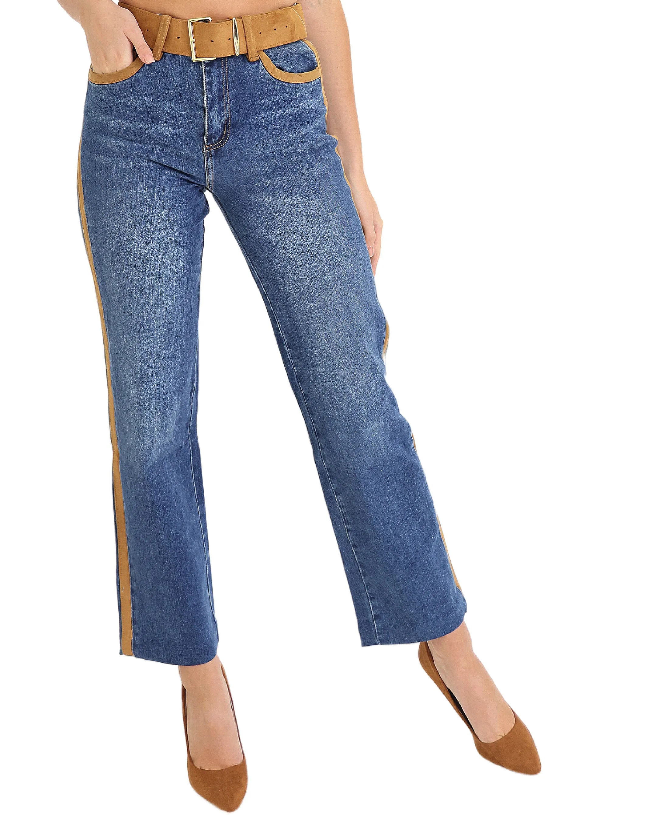 Jeans w/ Faux Suede Trim & Belt