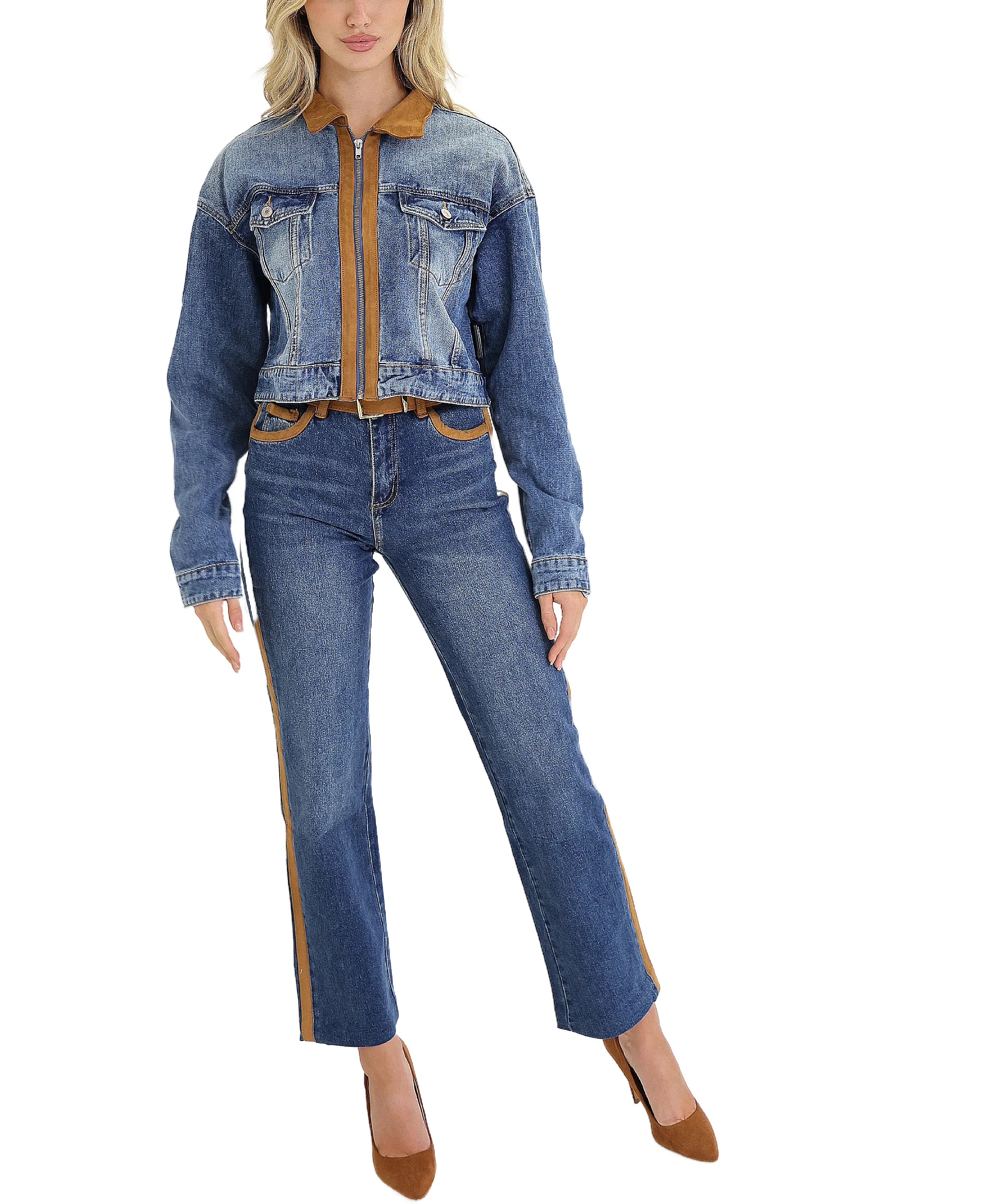 Jeans w/ Faux Suede Trim & Belt