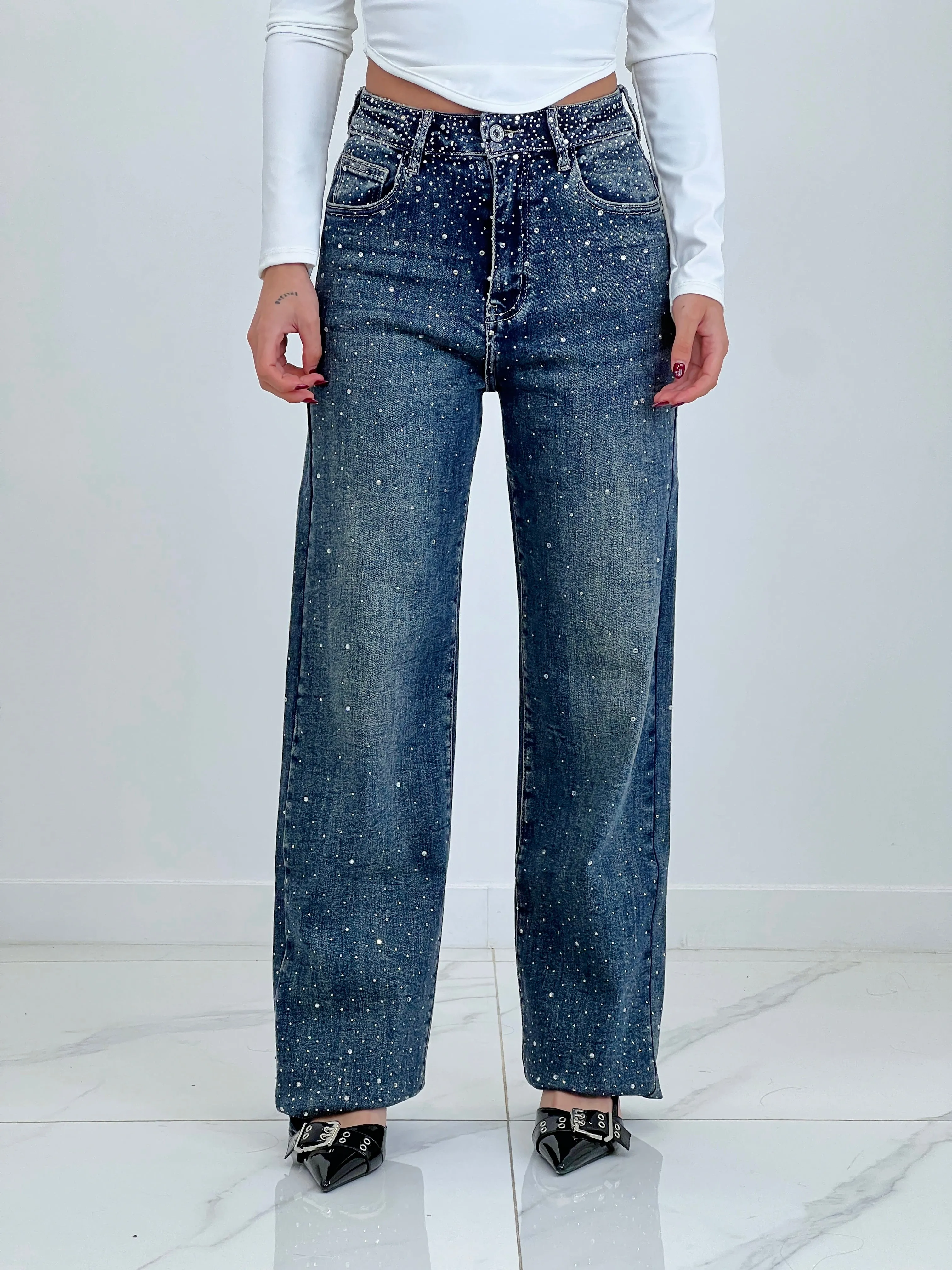 Jeans wide leg cintura brillante