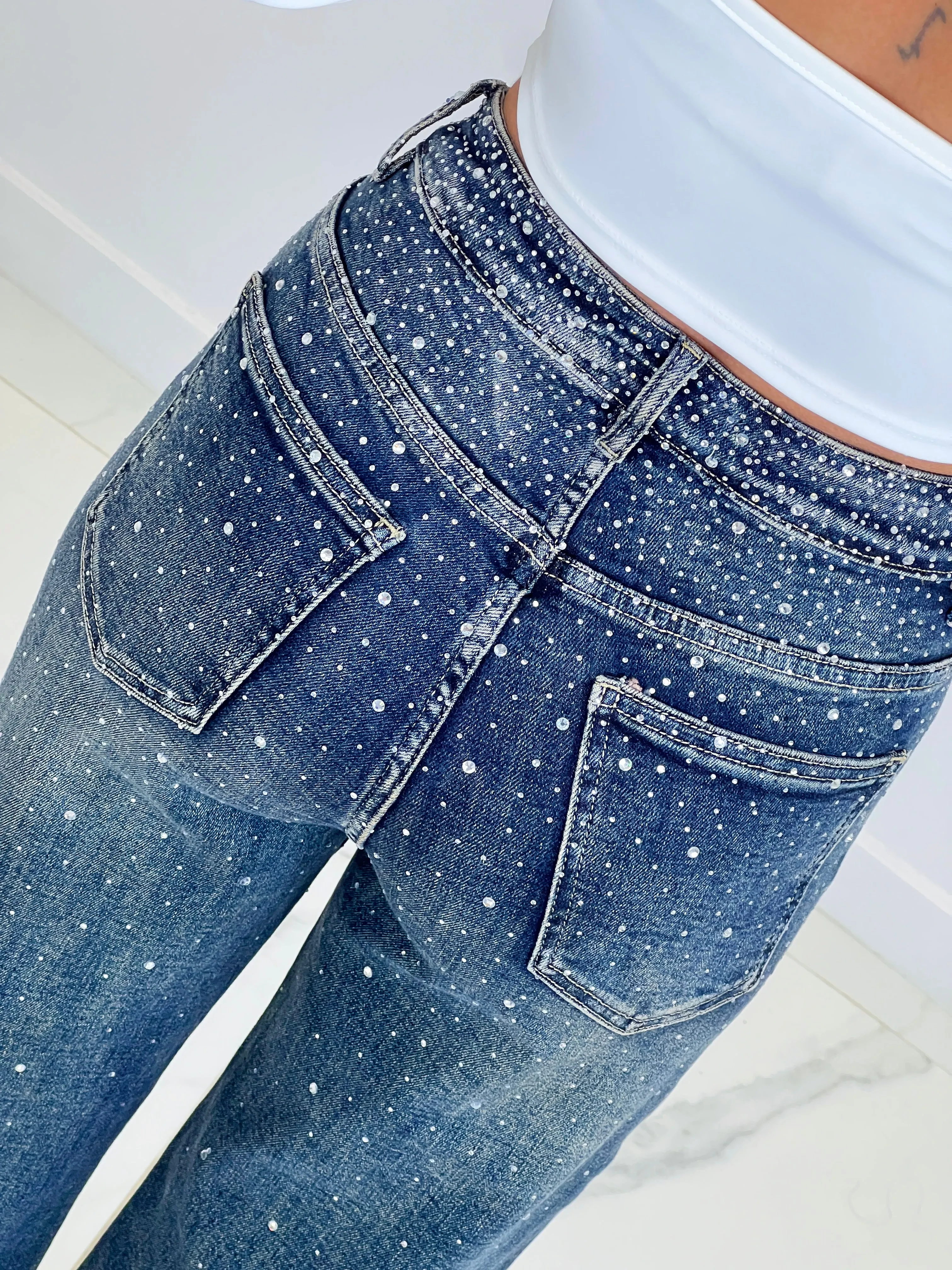 Jeans wide leg cintura brillante