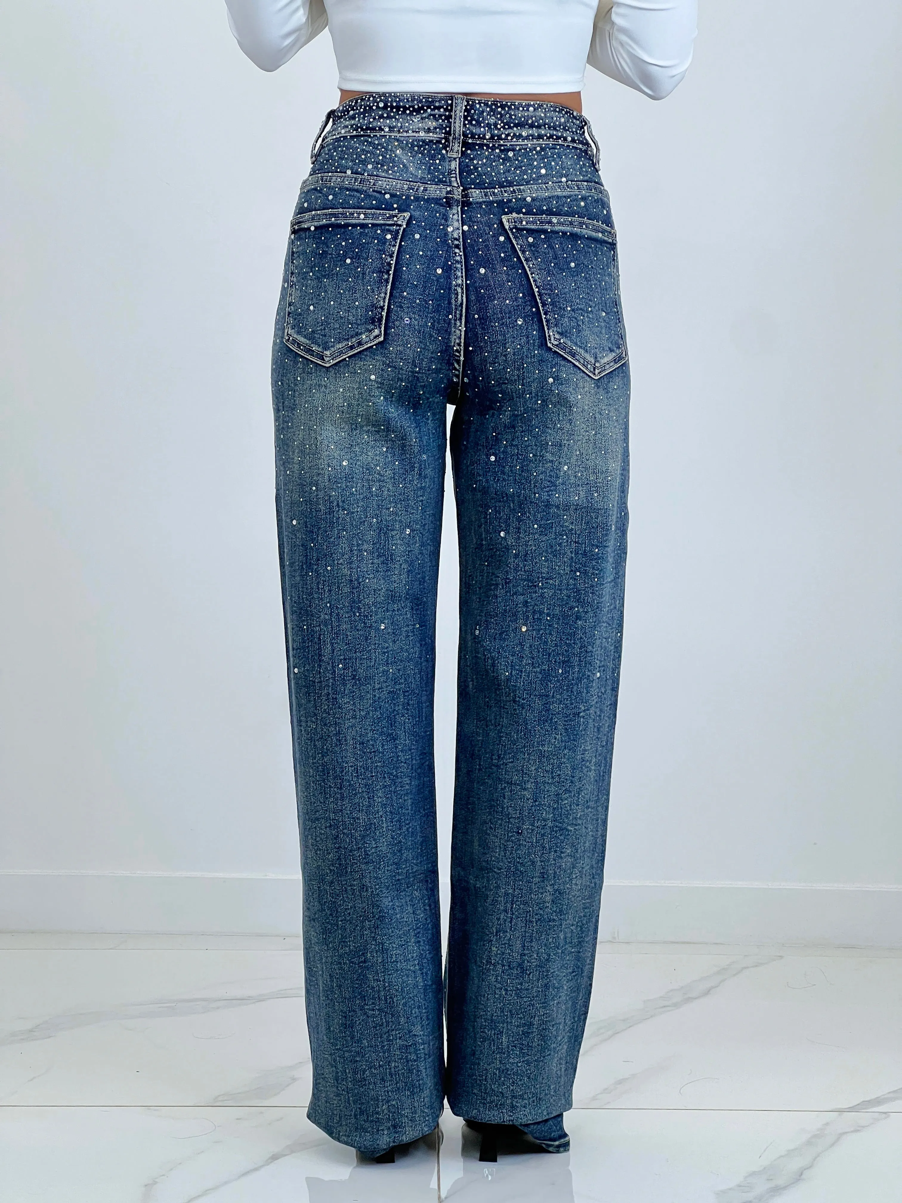 Jeans wide leg cintura brillante