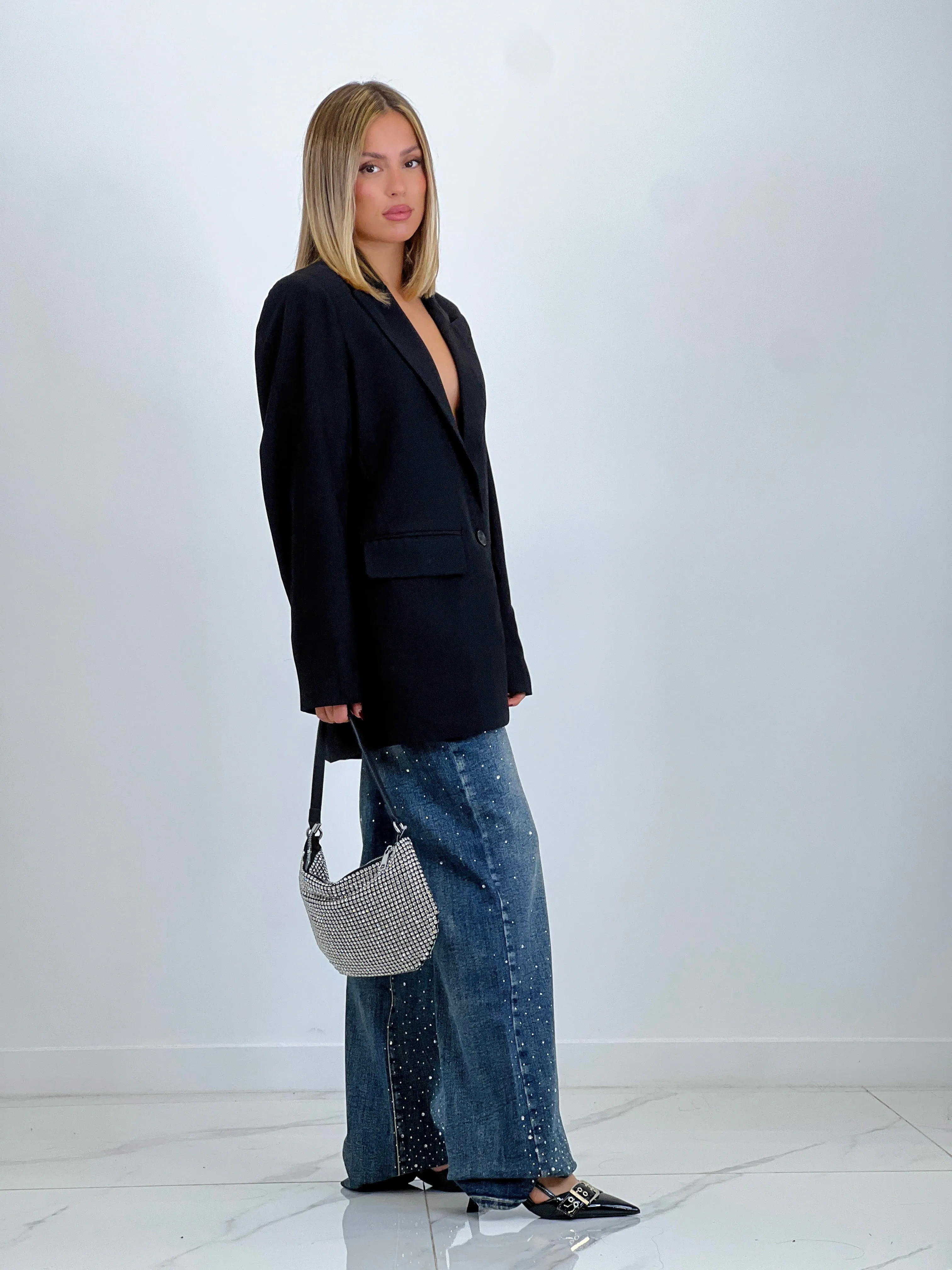 Jeans wide leg cintura brillante