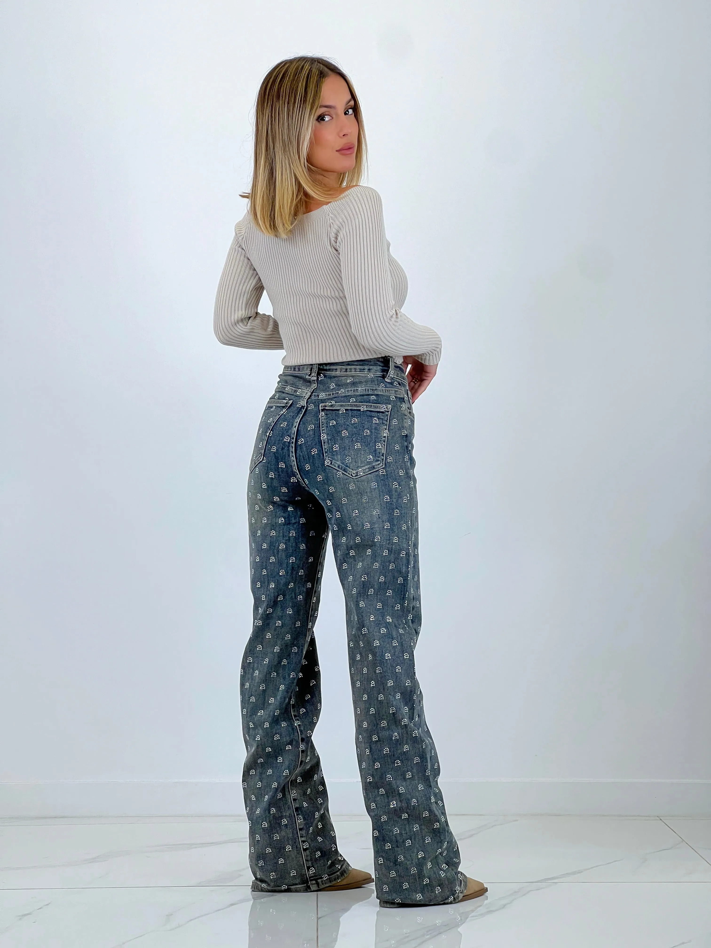 Jeans wide leg círculos brillantes