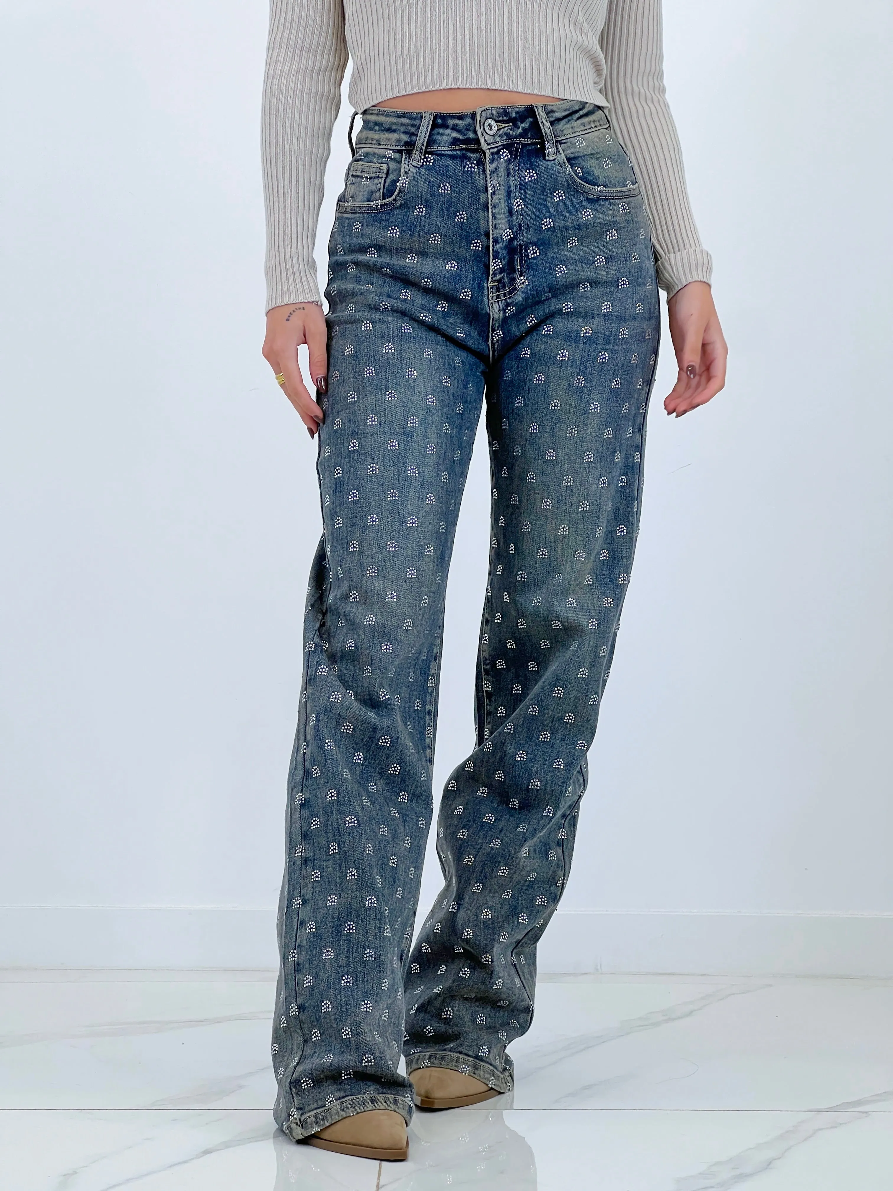 Jeans wide leg círculos brillantes