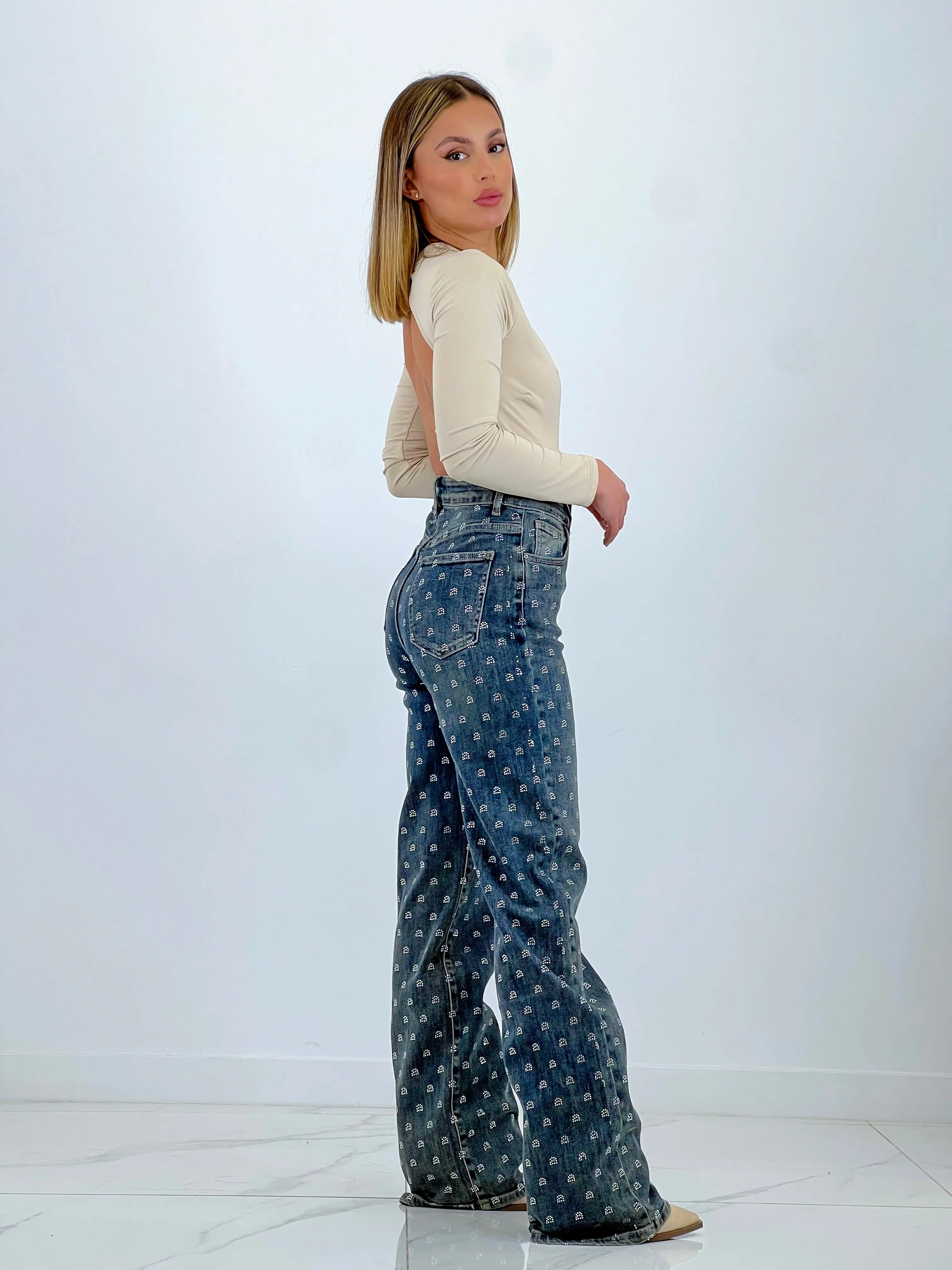 Jeans wide leg círculos brillantes