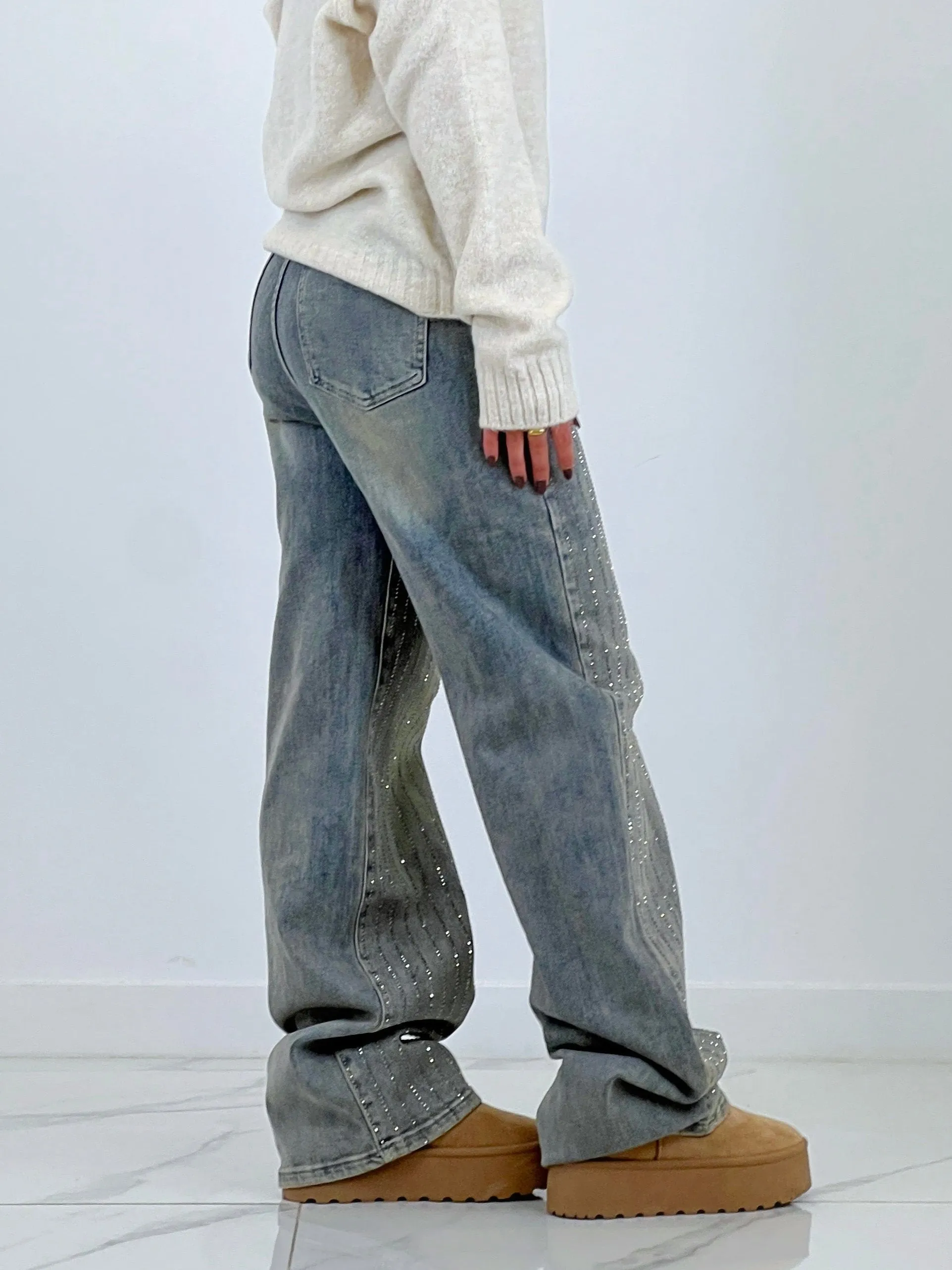 Jeans wide leg tiras brillantes