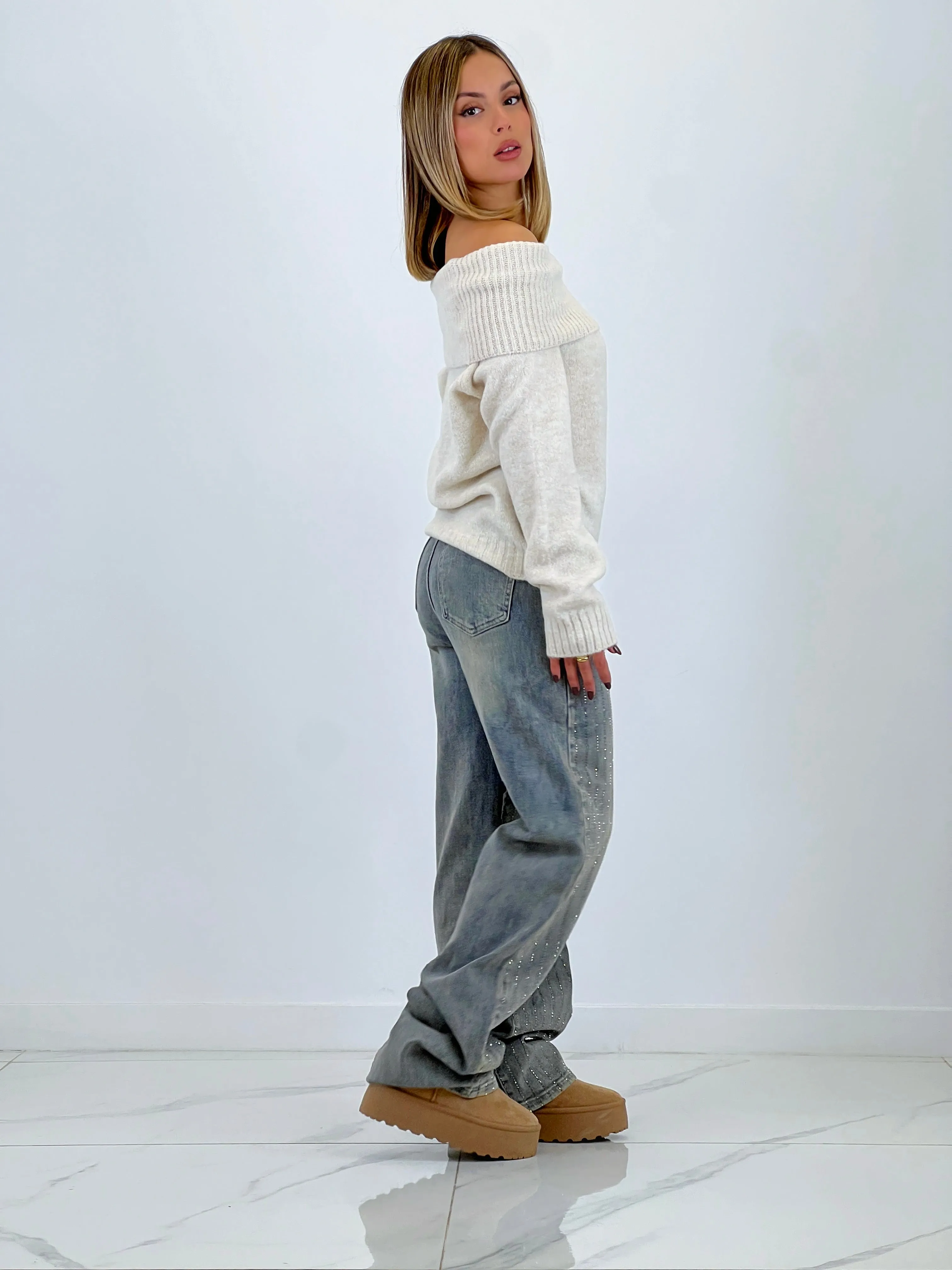 Jeans wide leg tiras brillantes