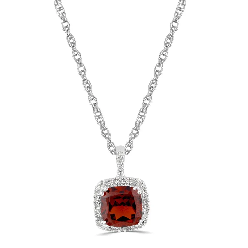 Jewelili 10K White Gold with 1/12 CTTW Diamonds and Red Garnet Halo Pendant Necklace