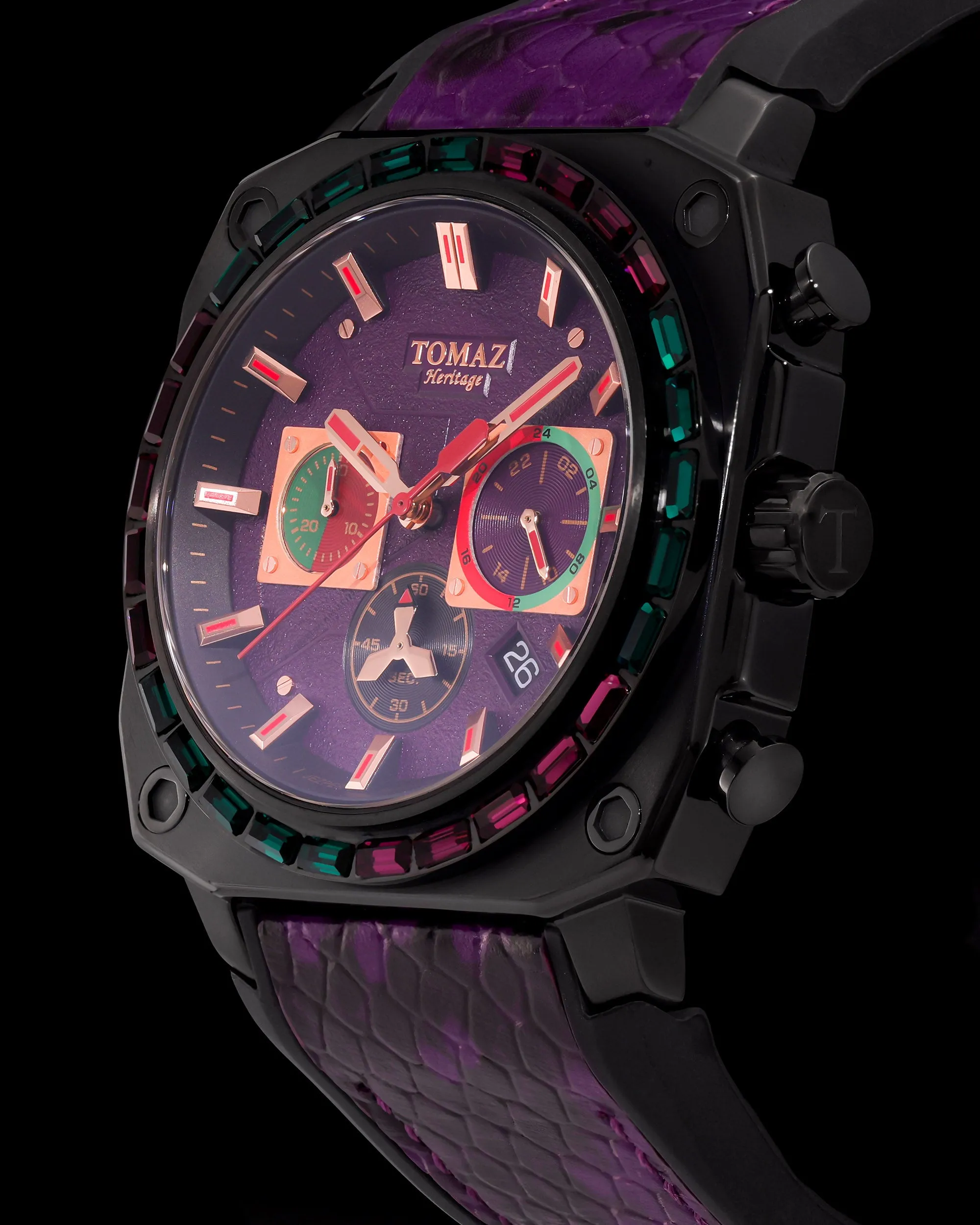 Jezper TQ021B-D9 (Black/Purple) with Purple Green Swarovski (Purple Salmon Rubber Strap)