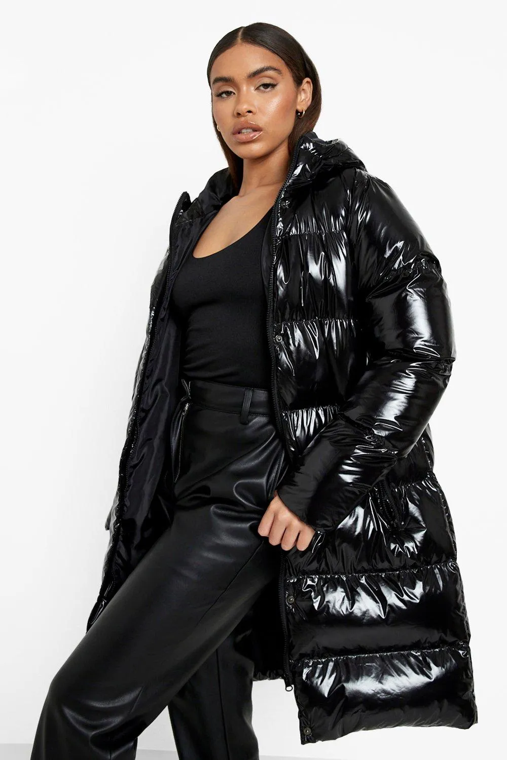 Longline Hooded High Shine Puffer Jacket