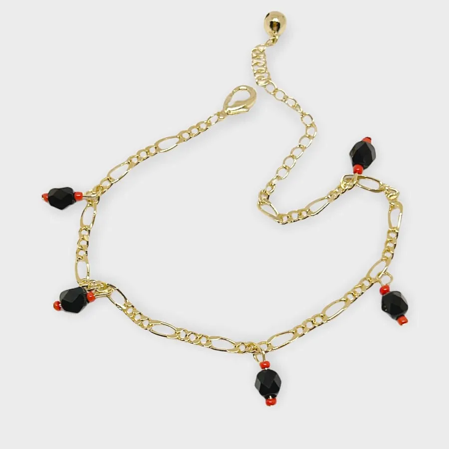 Lucky figaro charm red and black beads 18kts of gold plated bracelet