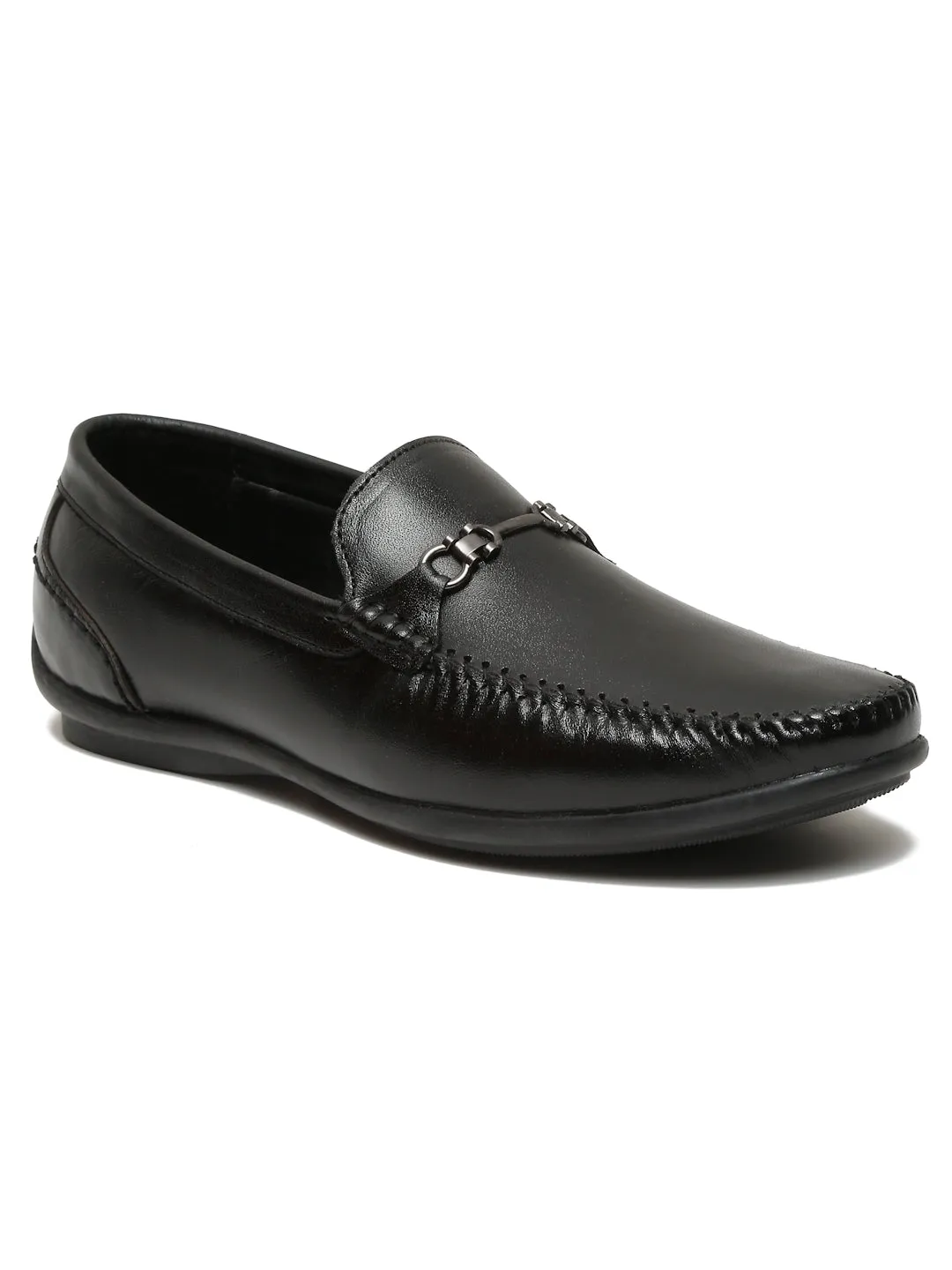 Men Black Leather Solid Loafers