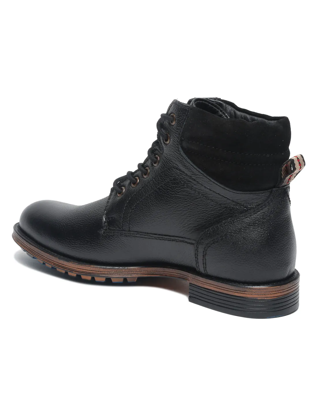 Men Black Solid Genuine Leather Mid-Top Laceup Boots