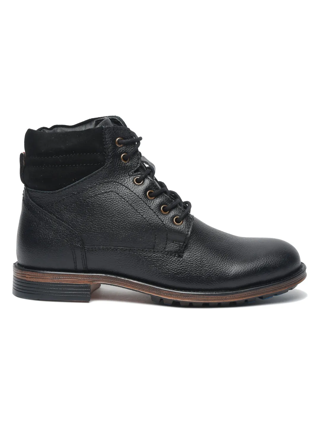 Men Black Solid Genuine Leather Mid-Top Laceup Boots