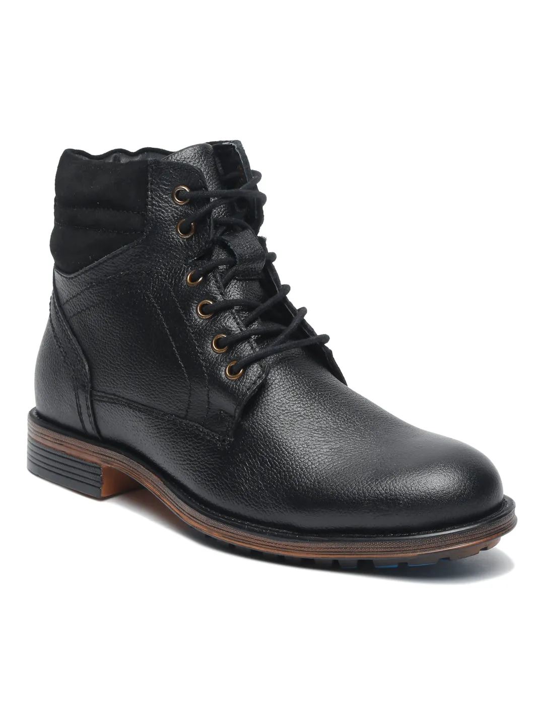 Men Black Solid Genuine Leather Mid-Top Laceup Boots